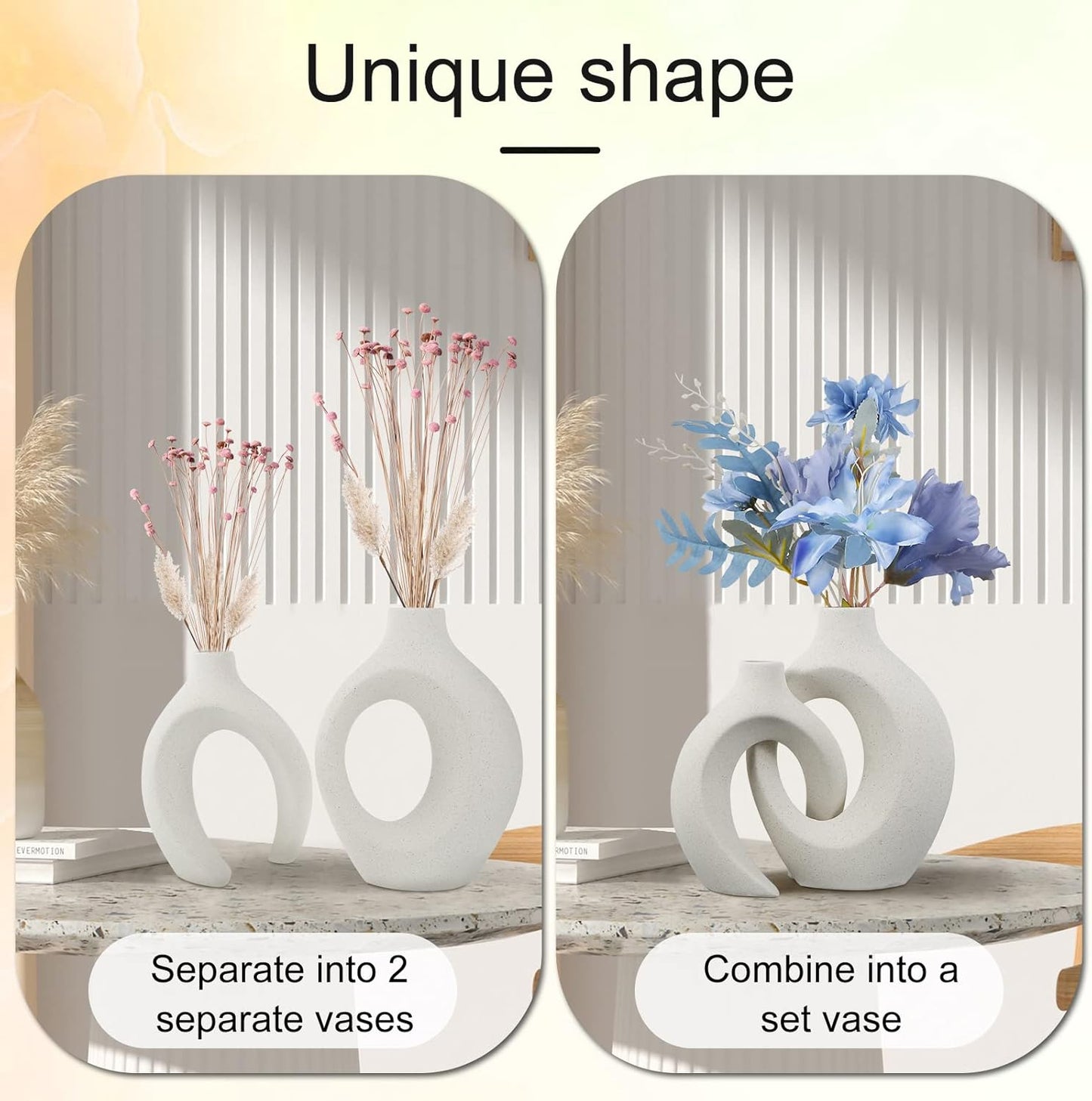 2Pcs Hollow Ceramic Vase Set, Nordic Modern Boho ins Style Decorative Ceramic Aesthetic Flower Vase for Home Decor Large Modern Ceramic Flower Vases for Wedding Party Dinner