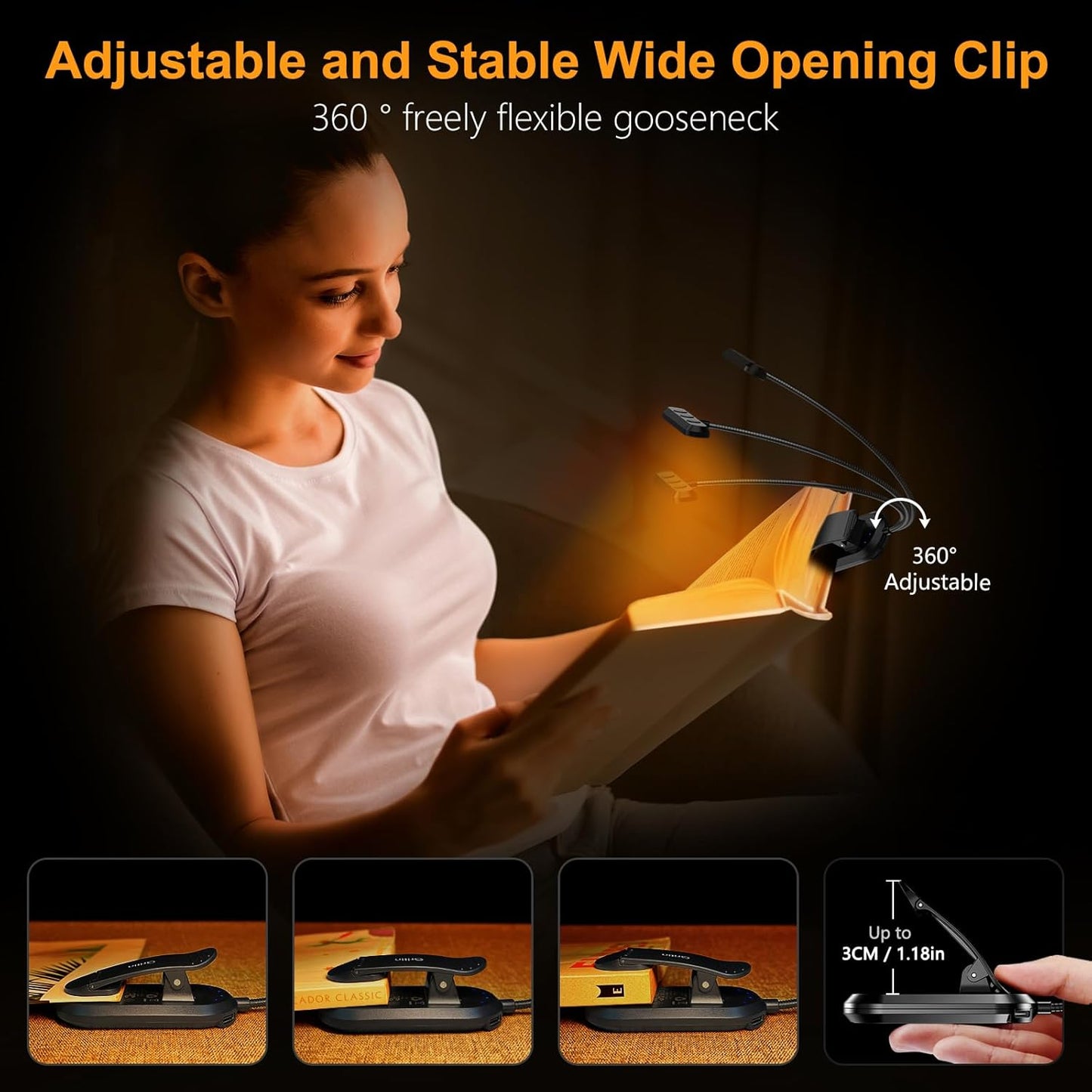 19 LED Book Light, Reading Light Book Lamp for Reading at Night-Long Battery Life, 360° Flexible